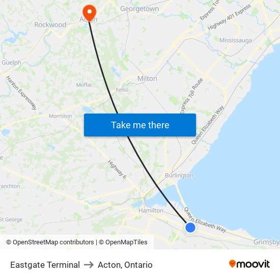 Eastgate Terminal to Acton, Ontario map