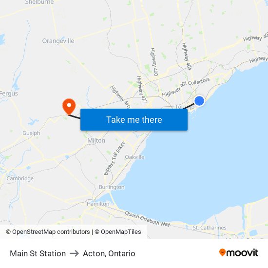 Main St Station to Acton, Ontario map