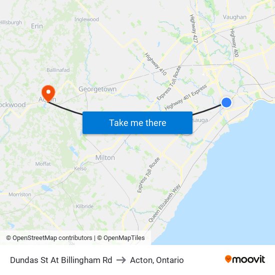 Dundas St At Billingham Rd to Acton, Ontario map