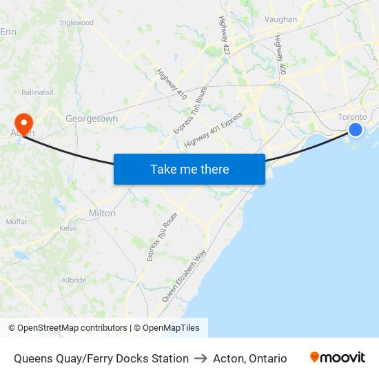 Queens Quay/Ferry Docks Station to Acton, Ontario map