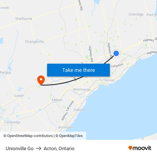 Unionville Go to Acton, Ontario map