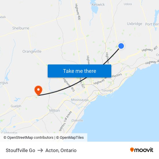 Stouffville Go to Acton, Ontario map