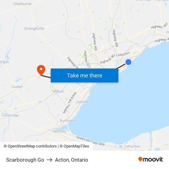 Scarborough Go to Acton, Ontario map