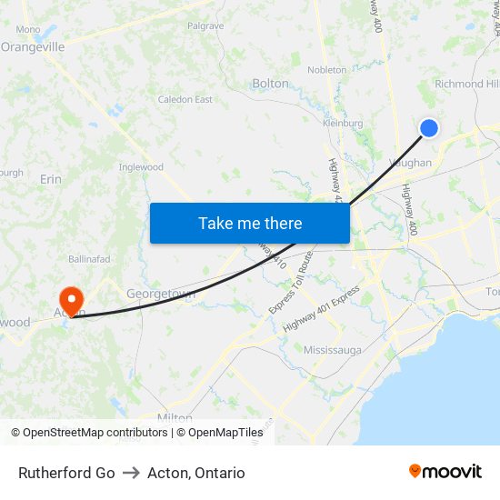 Rutherford Go to Acton, Ontario map