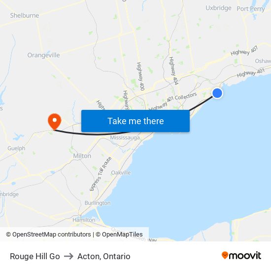 Rouge Hill Go to Acton, Ontario map