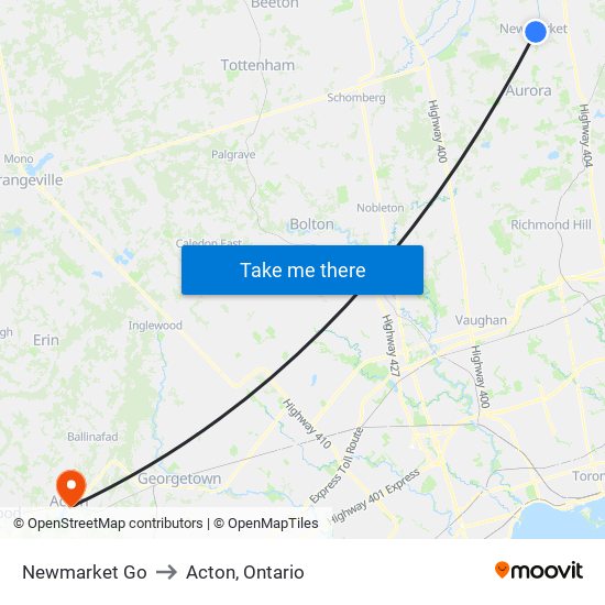 Newmarket Go to Acton, Ontario map