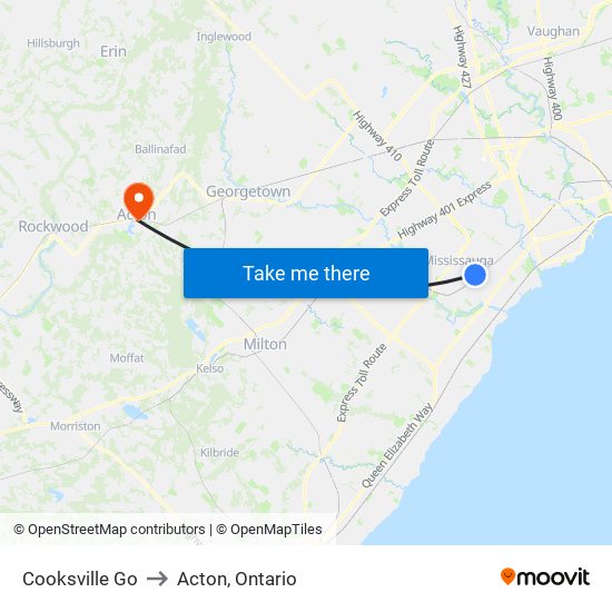 Cooksville Go to Acton, Ontario map