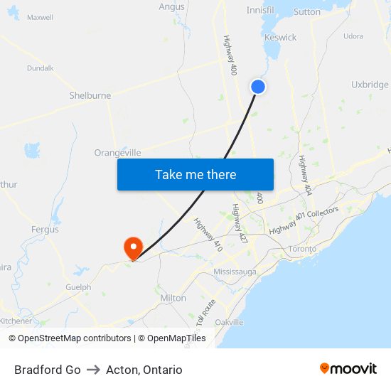 Bradford Go to Acton, Ontario map