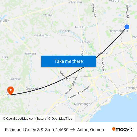 Richmond Green S.S. Stop # 4630 to Acton, Ontario map