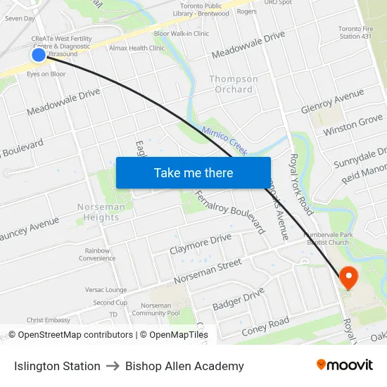 Islington Station to Bishop Allen Academy map
