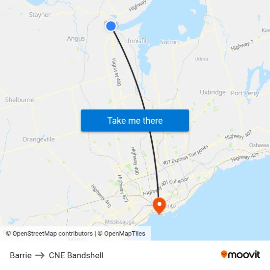 Barrie to CNE Bandshell map