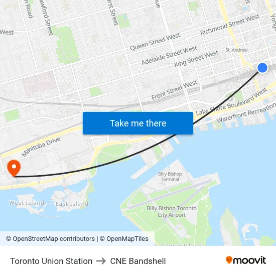 Toronto Union Station to CNE Bandshell map