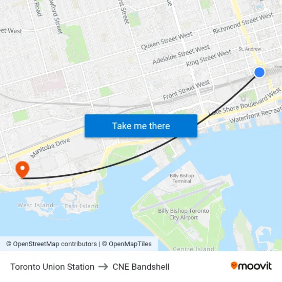 Toronto Union Station to CNE Bandshell map