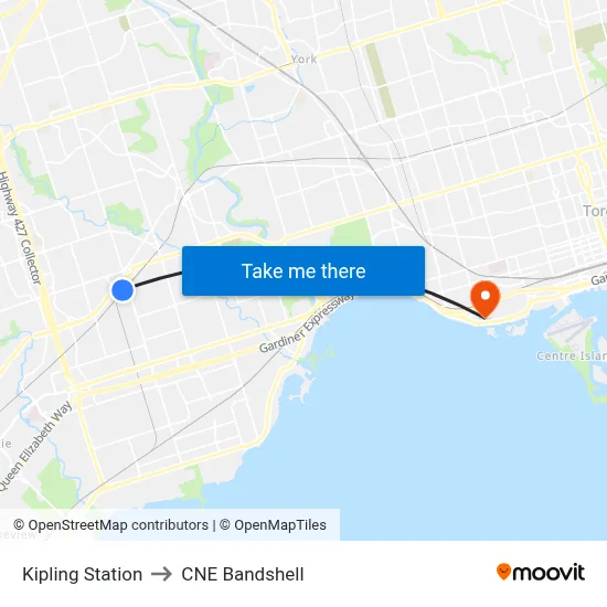 Kipling Station to CNE Bandshell map