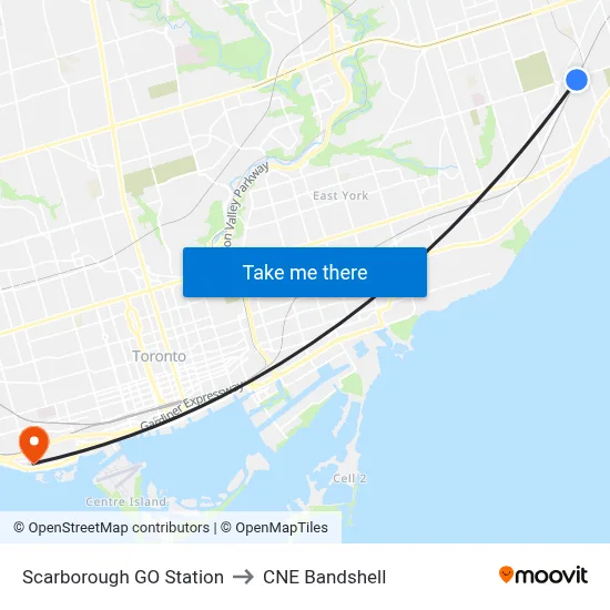 Scarborough GO Station to CNE Bandshell map