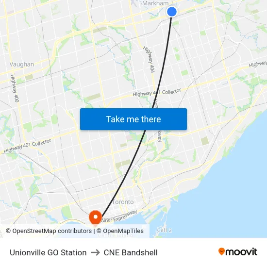 Unionville GO Station to CNE Bandshell map