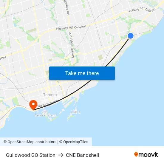 Guildwood GO Station to CNE Bandshell map