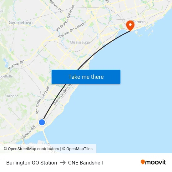 Burlington GO Station to CNE Bandshell map