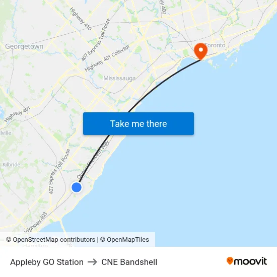 Appleby GO Station to CNE Bandshell map