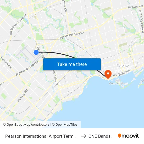Pearson International Airport Terminal 1 to CNE Bandshell map