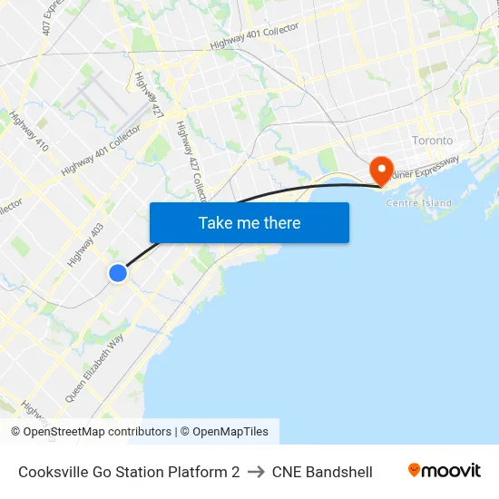 Cooksville Go Station Platform 2 to CNE Bandshell map