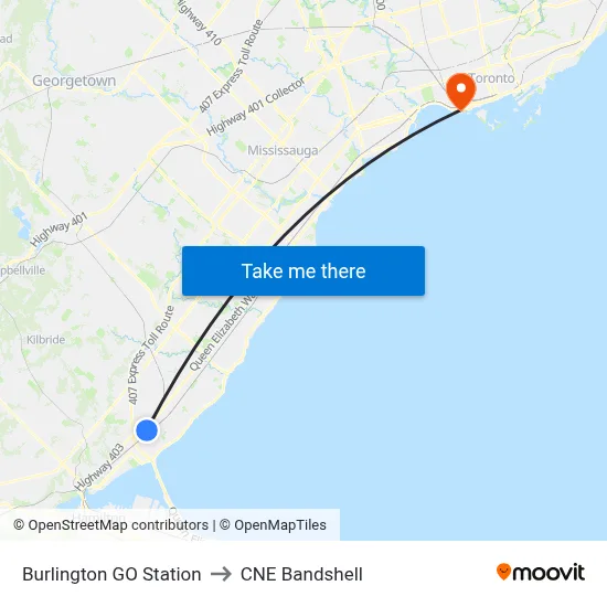 Burlington GO Station to CNE Bandshell map
