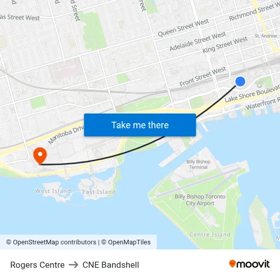 Rogers Centre to CNE Bandshell map