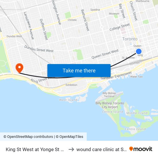 King St West at Yonge St West Side - King Station to wound care clinic at St. Joseph's hospital map