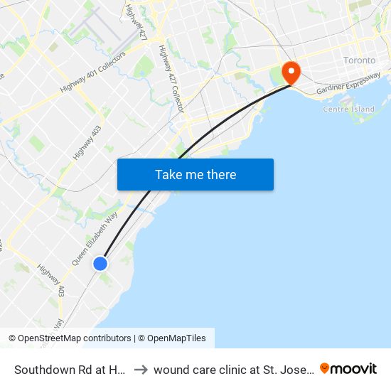 Southdown Rd at Hartland Dr to wound care clinic at St. Joseph's hospital map