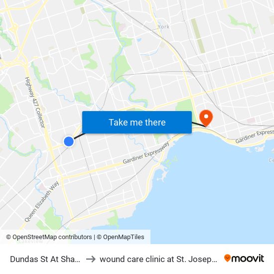 Dundas St At Shaver Ave to wound care clinic at St. Joseph's hospital map