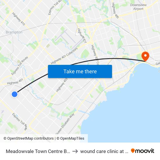 Meadowvale Town Centre Bus Terminal Platform H, I, J to wound care clinic at St. Joseph's hospital map