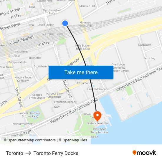 Toronto to Toronto Ferry Docks map