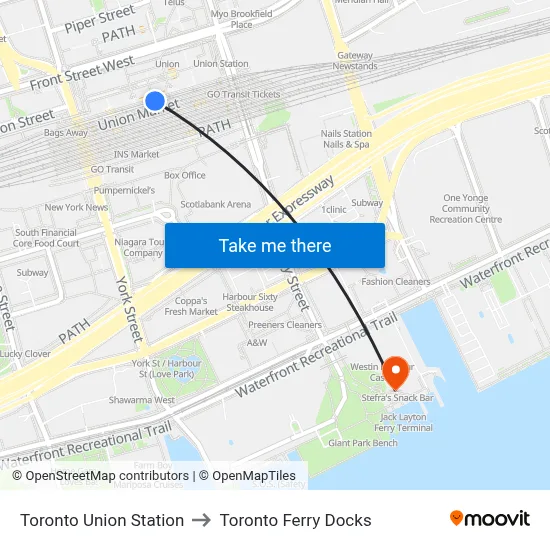 Toronto Union Station to Toronto Ferry Docks map