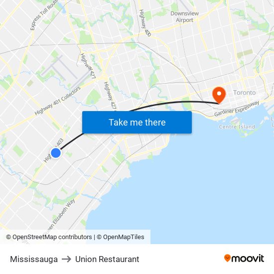Mississauga to Union Restaurant map