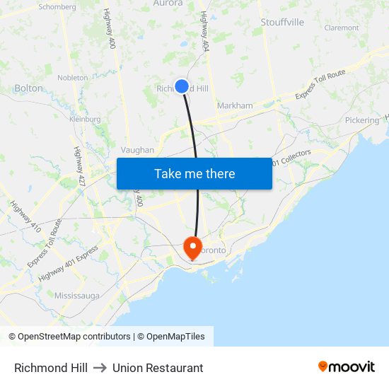 Richmond Hill to Union Restaurant map