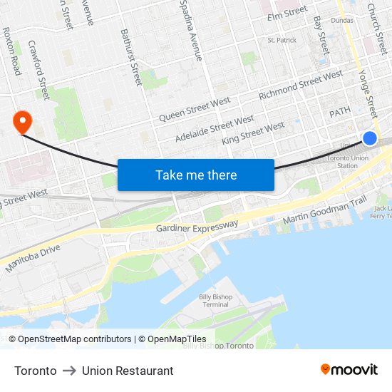 Toronto to Union Restaurant map