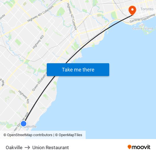 Oakville to Union Restaurant map