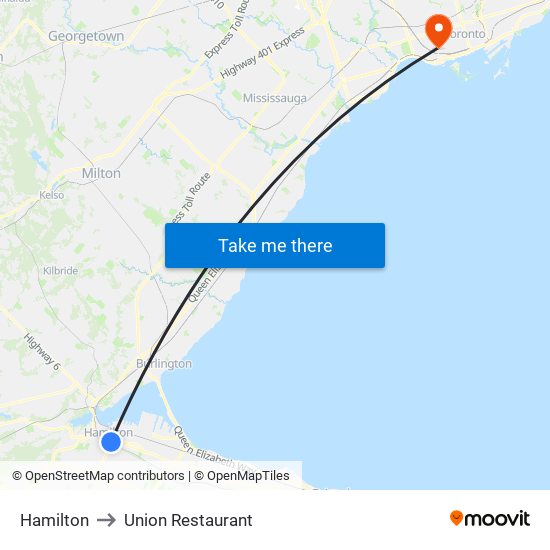 Hamilton to Union Restaurant map