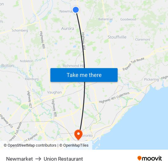 Newmarket to Union Restaurant map
