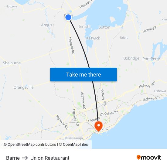 Barrie to Union Restaurant map