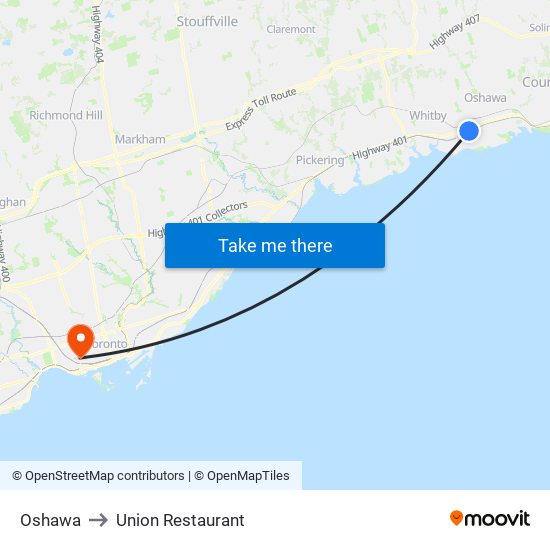 Oshawa to Union Restaurant map