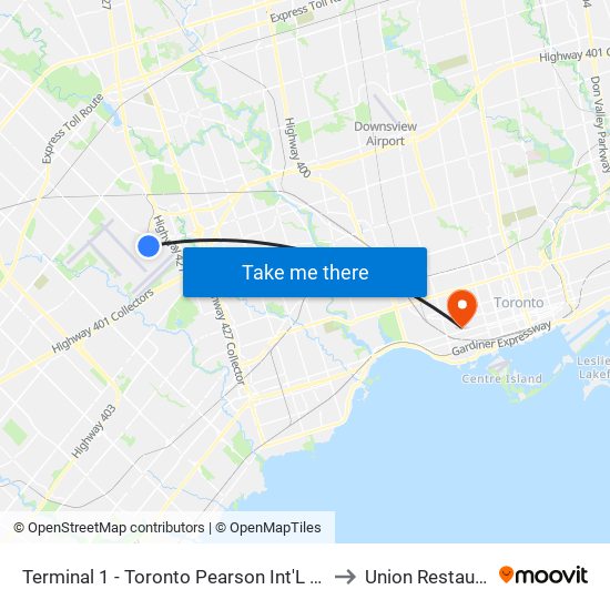 Terminal 1 - Toronto Pearson Int'L Airport to Union Restaurant map