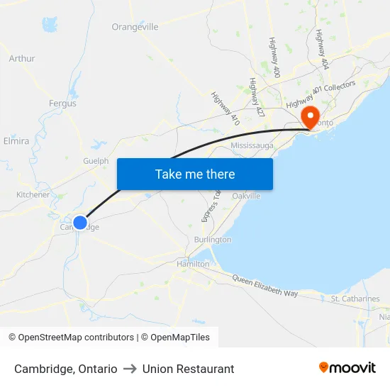 Cambridge, Ontario to Union Restaurant map