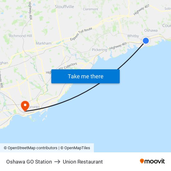 Oshawa GO Station to Union Restaurant map