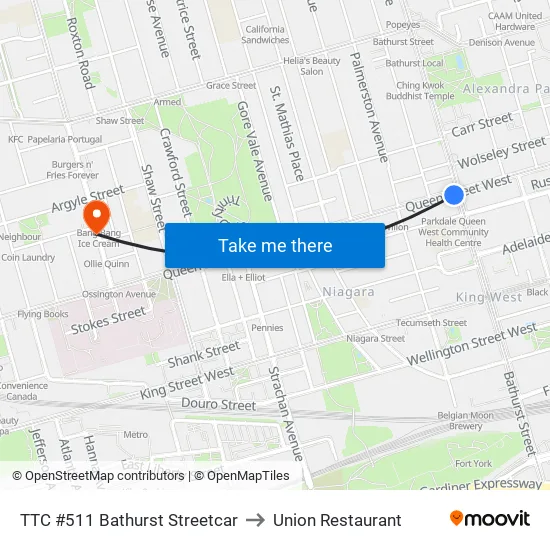TTC #511 Bathurst Streetcar to Union Restaurant map
