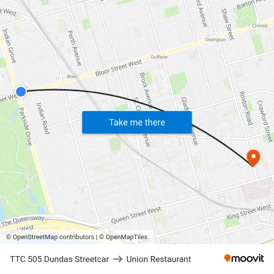 TTC 505 Dundas Streetcar to Union Restaurant map