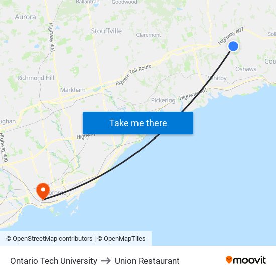 Ontario Tech University to Union Restaurant map