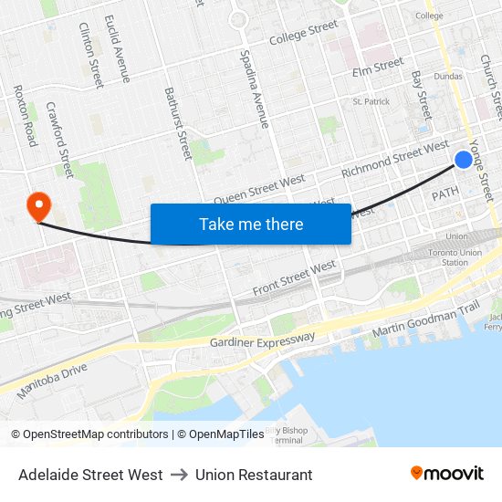 Adelaide Street West to Union Restaurant map