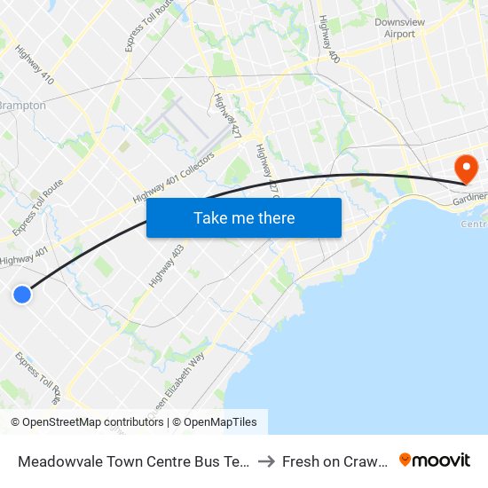 Meadowvale Town Centre Bus Terminal to Fresh on Crawford map