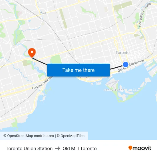 Toronto Union Station to Old Mill Toronto map